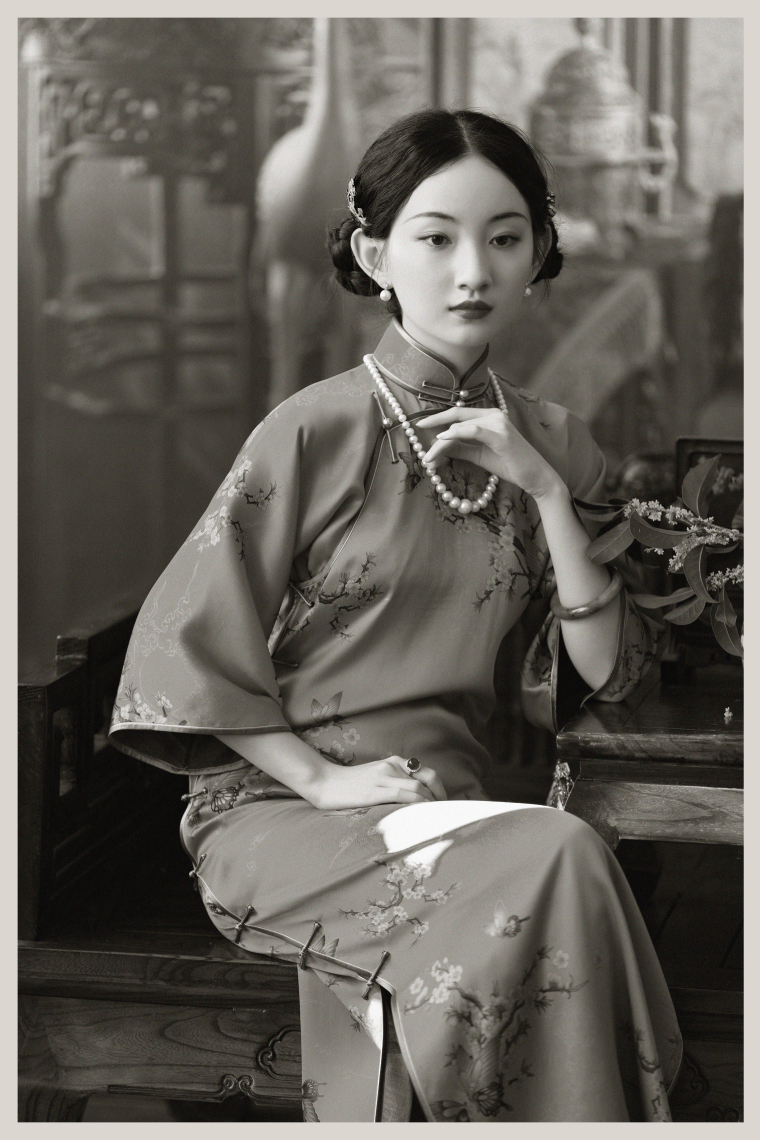 桃语蝶意丨2021冬季新款丨真丝香云纱印花复古性感倒大袖旗袍女花色一