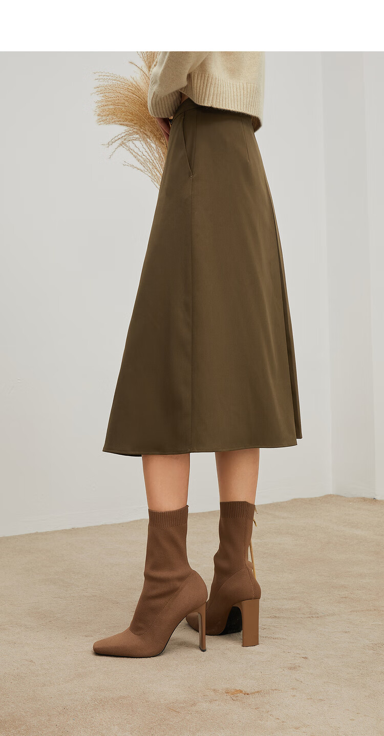 mm麦檬2021秋季新款一片式褶裙气质中长款高腰a字半身裙5c9140991深