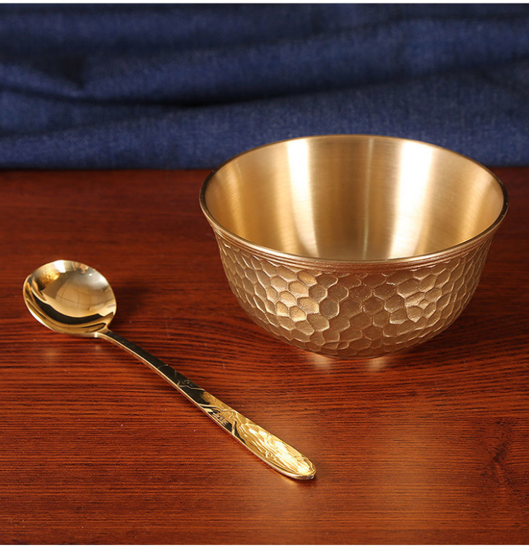 统树 铜全铜碗铜筷子铜勺子三件套家用黄铜整套餐具金属儿童防摔饭碗