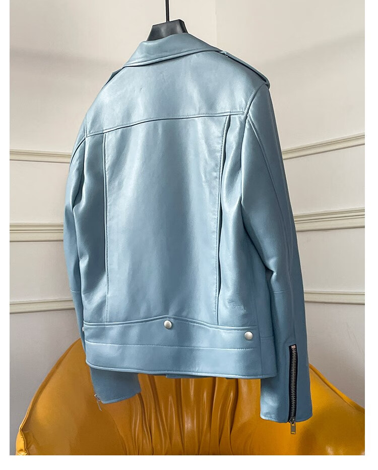 同款机车皮衣男头层绵羊皮slp短款修身韩版真皮皮衣夹克外套 浅蓝色