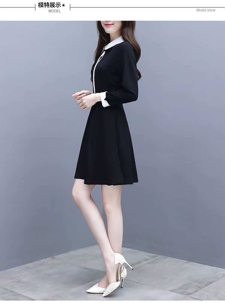 韩蔓语连衣裙女小黑裙春季新款修身显瘦娃娃领长袖港味矮个子显高