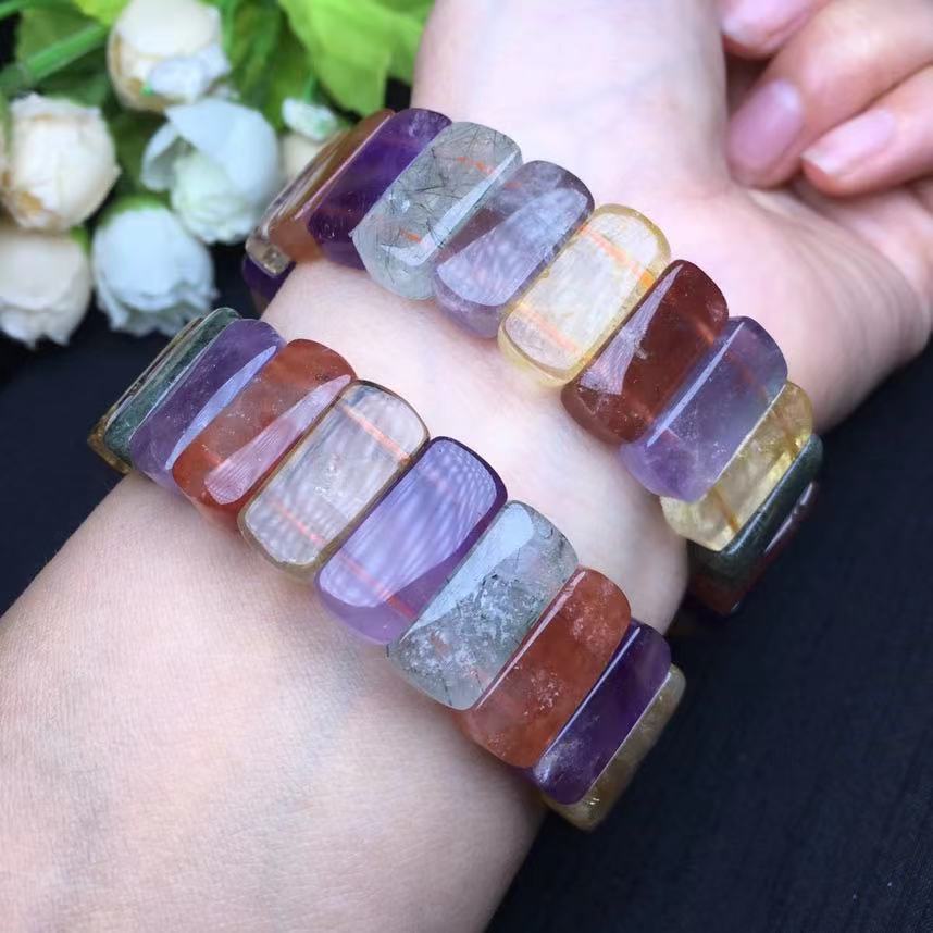 多宝水晶手排福禄寿彩发晶红兔毛黄绿发晶手链单圈男女礼品彩发晶手排