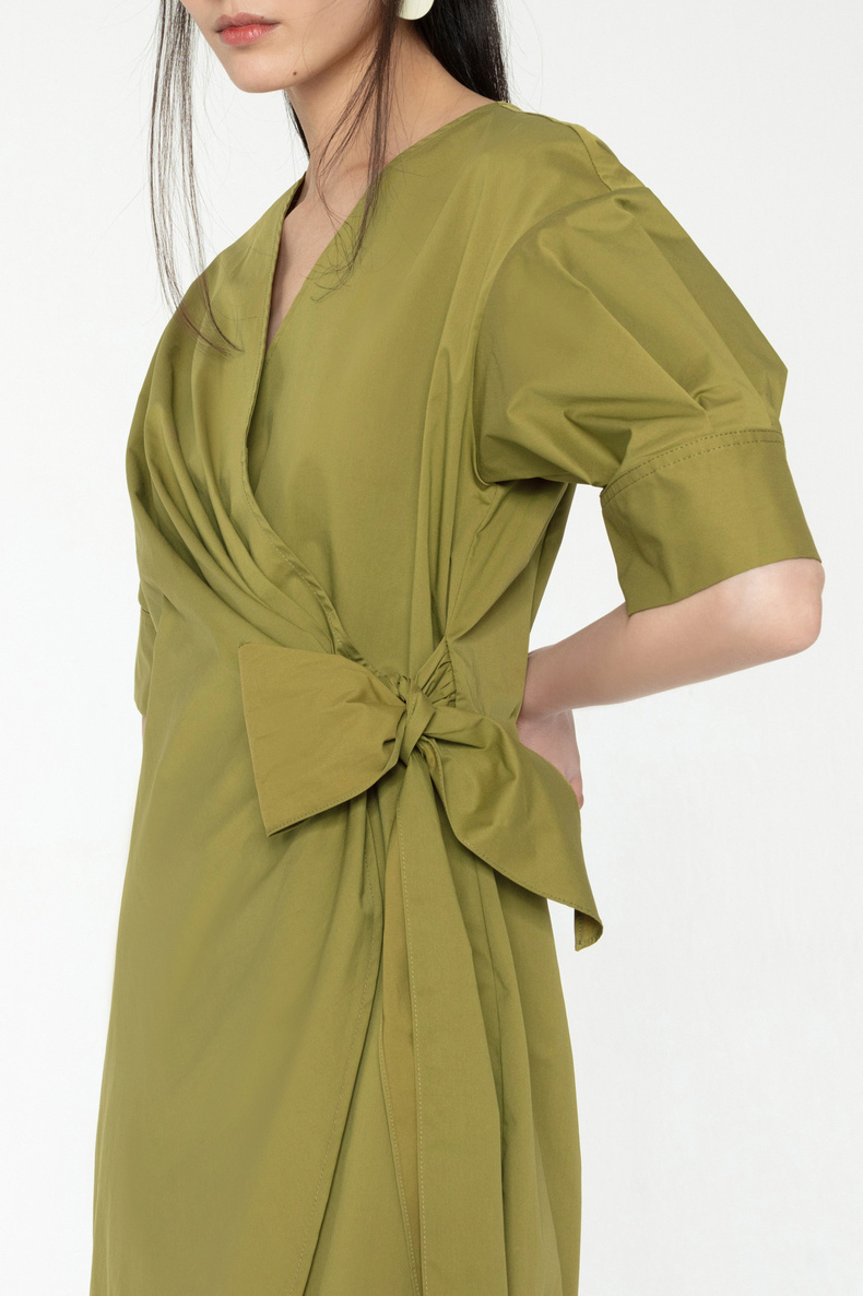 icy2020年夏法式优雅围裹式连衣裙女 橄榄绿 s