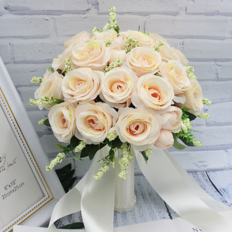 欧式香槟色蓝白粉新娘手捧花婚纱摄影拍照手拿花仿真小玫瑰花束