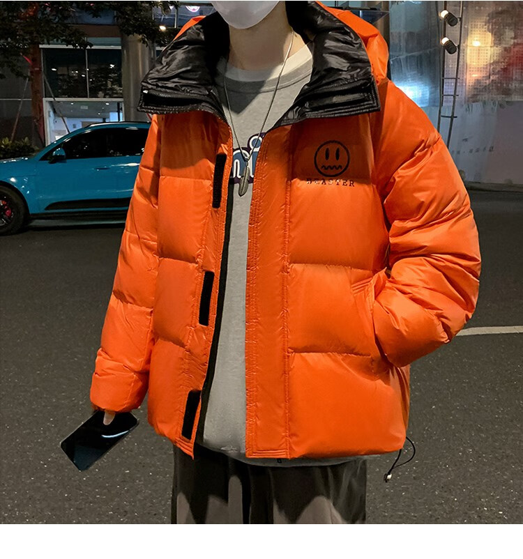 笑脸亮面羽绒服男士冬季加厚潮牌ins白鸭绒保暖oversize胖子外套 黑色