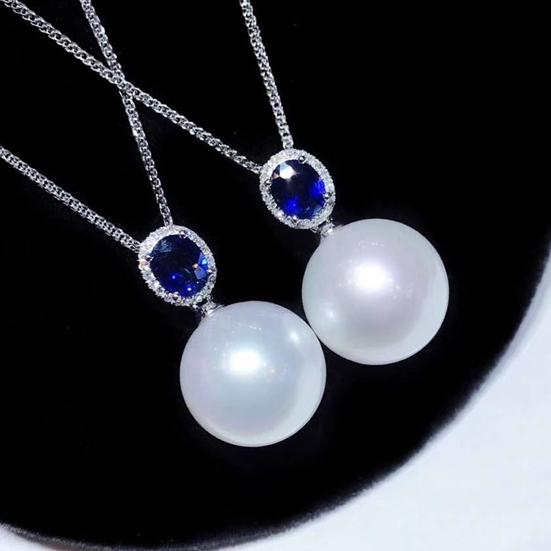 【付尾款】蓝宝石吊坠女士珠宝项链18k金镶嵌澳洲白珠南洋金珍珠女士