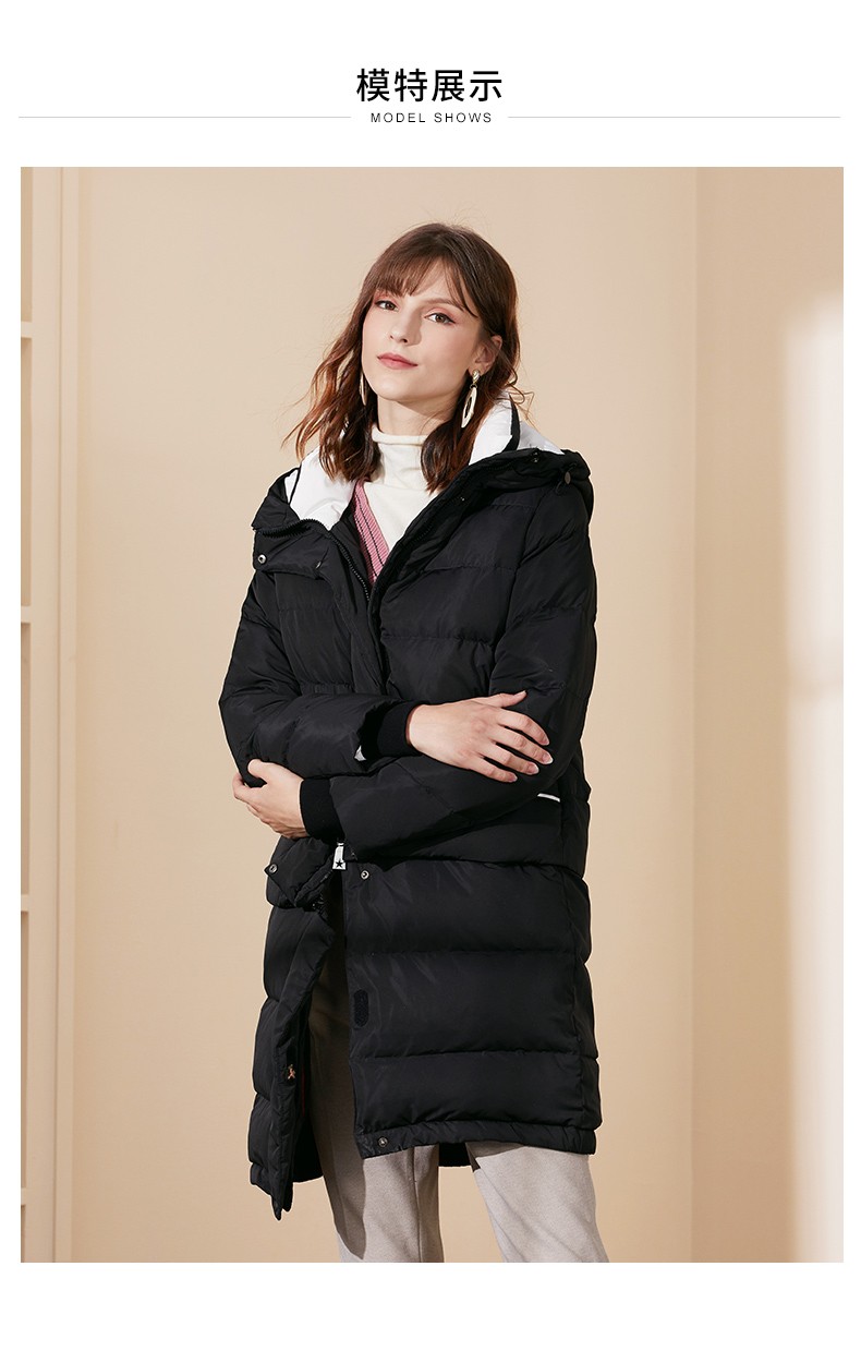 染色zorzi卓多姿黑色鸭绒羽绒服女冬季新款简约连帽直筒保暖外套中长