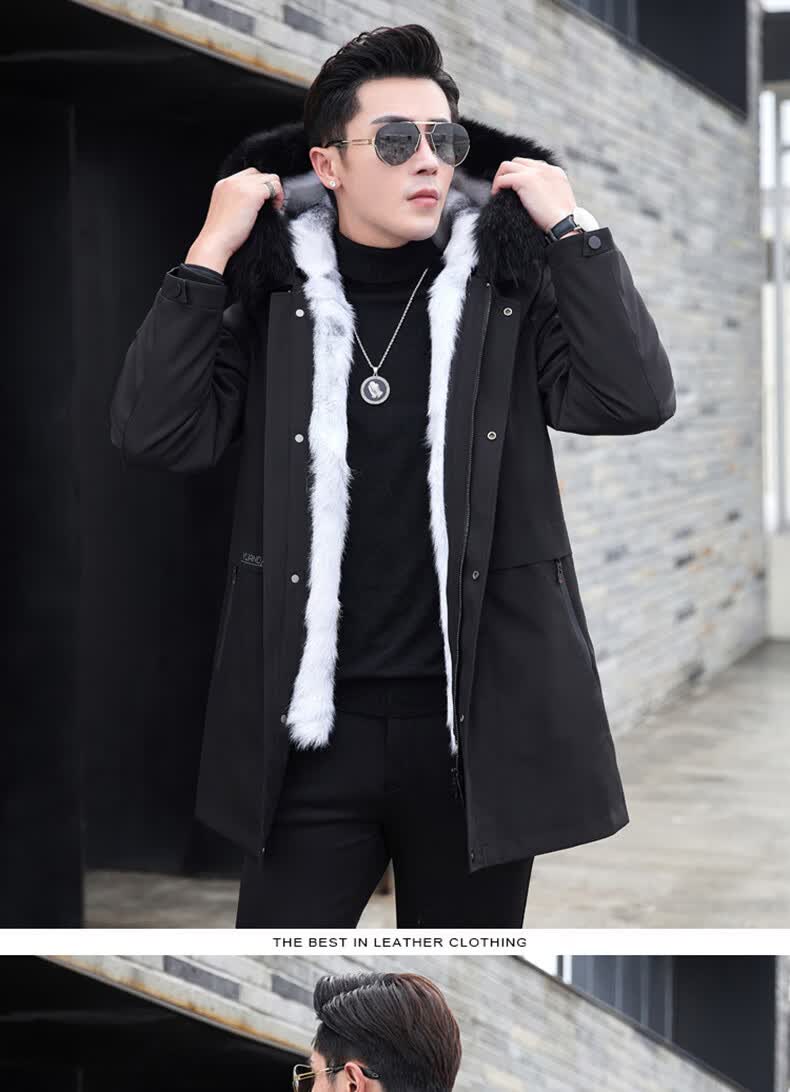 派克服男貂皮男士尼克服可拆卸整貂绒内胆中长款貂皮大衣狐狸毛领真