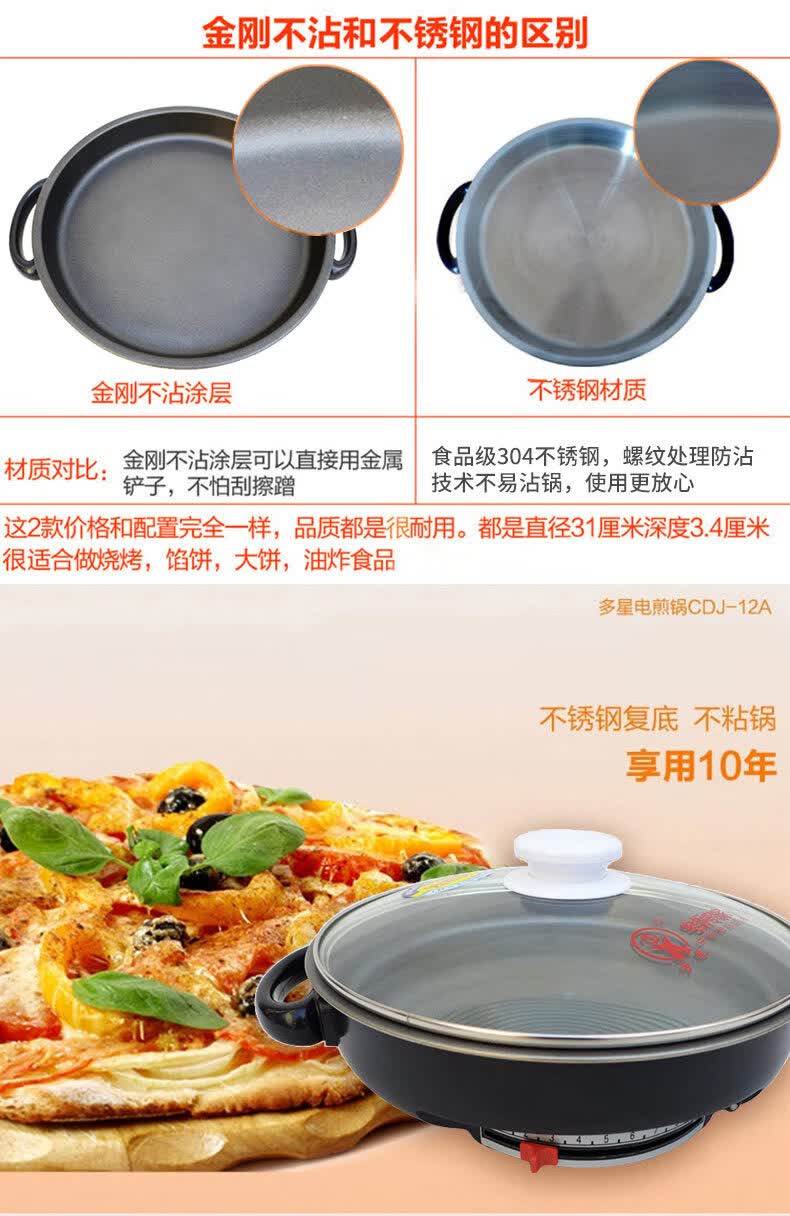 多功能家用不粘锅电锅不锈钢平底锅 金刚不粘(中国红31cm)【图片 价格