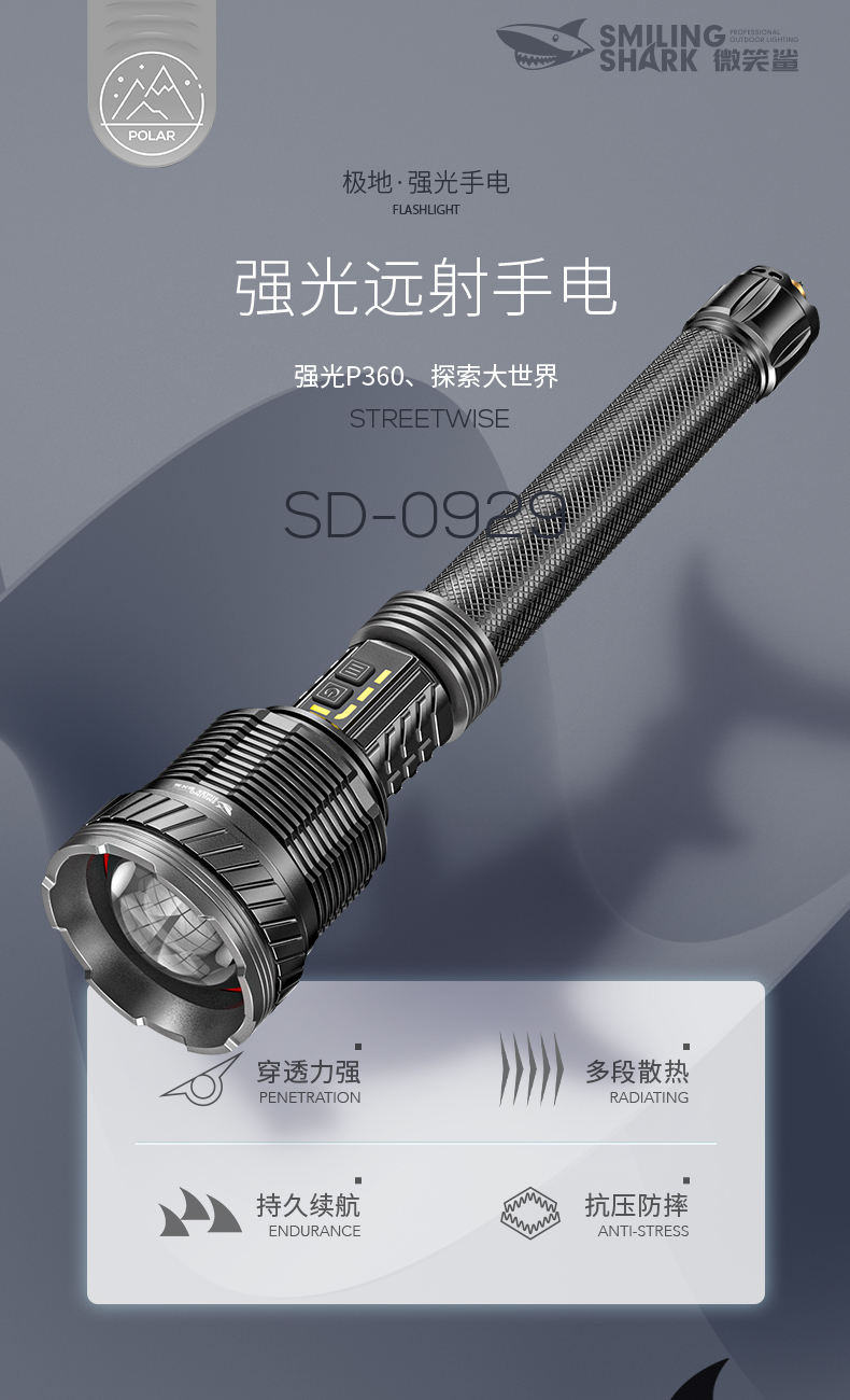 微笑鲨强光手电筒户外超亮远射变焦式充电照明灯15000流明大功率家用