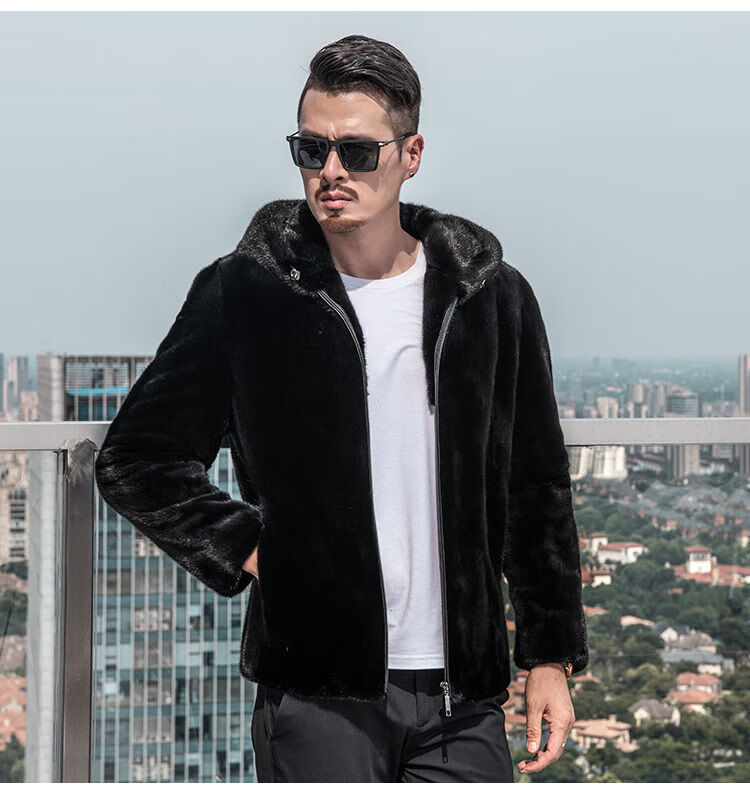 美国进口宝佳美冬季貂皮大衣男真貂整貂黑色连帽进口母貂水貂毛皮衣