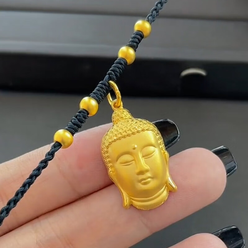 黄金佛头吊坠男女款999足金转运珠佛像手工编织黑绳项