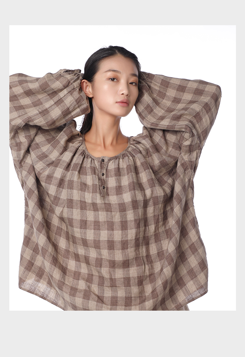 竹林石屋衬衣女士新款长袖亚麻复古格子宽松上衣套头休闲商场同款