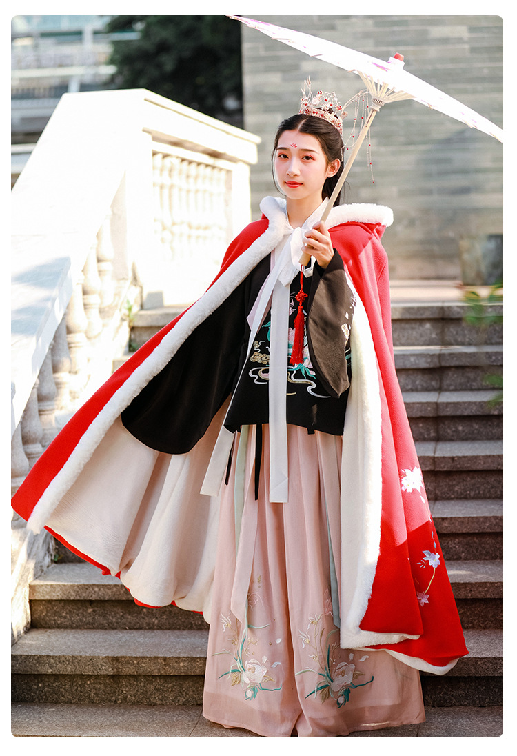 尤克达蒂学生古装汉服外披仙气中国风汉服双面呢连帽长款斗篷加绒加厚