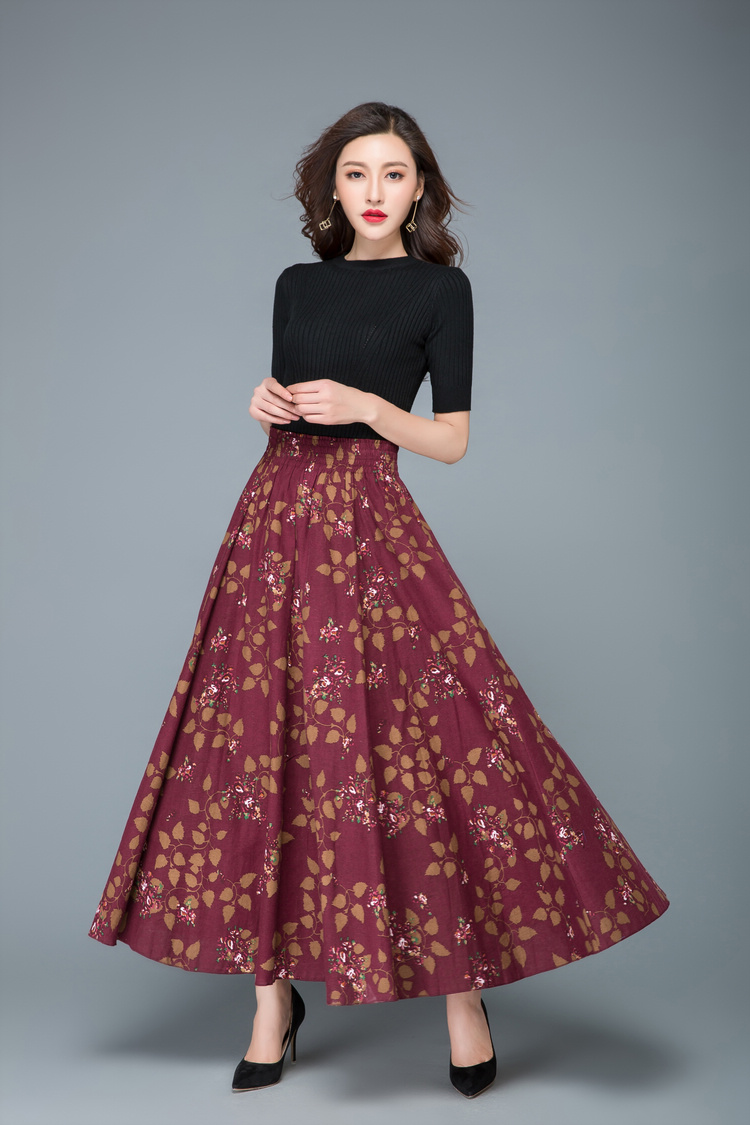 新款中老年春秋半身裙长裙亚麻女裙子百褶高腰妈妈大码松紧腰跳舞大摆