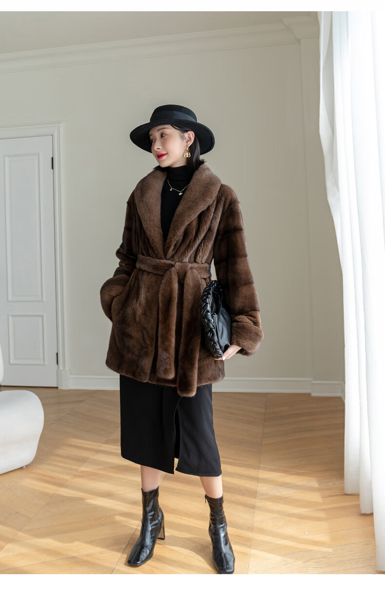 odybird品牌女装水貂皮草外套女古着风貂皮大衣整貂中长款翻领 咖啡色