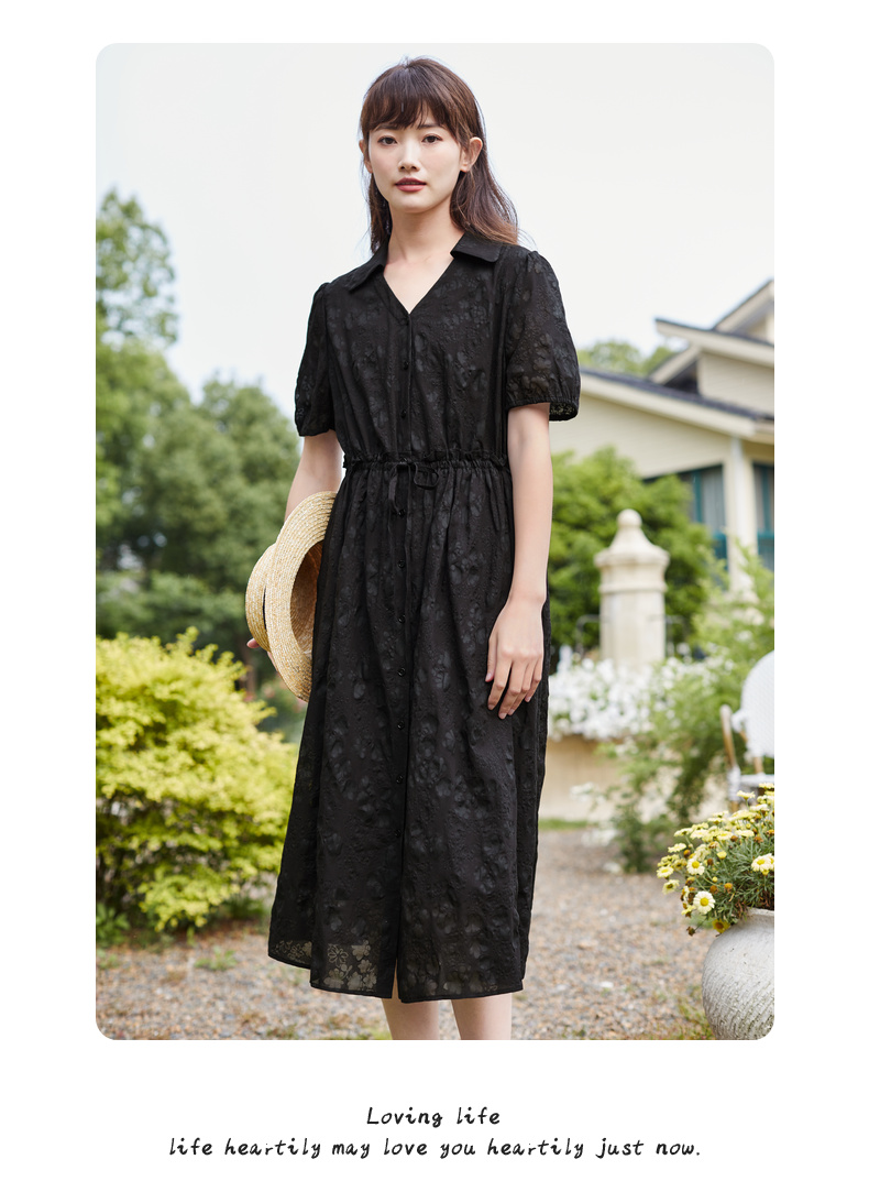 片断连衣裙2022夏季新款纯色系带收腰翻领短袖设计感气质百搭长裙黑色