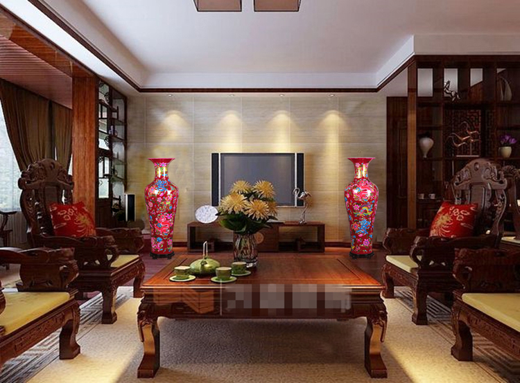 景德镇陶瓷大花瓶中国红龙凤牡丹客厅落地家居新房装饰摆件 67cm大红