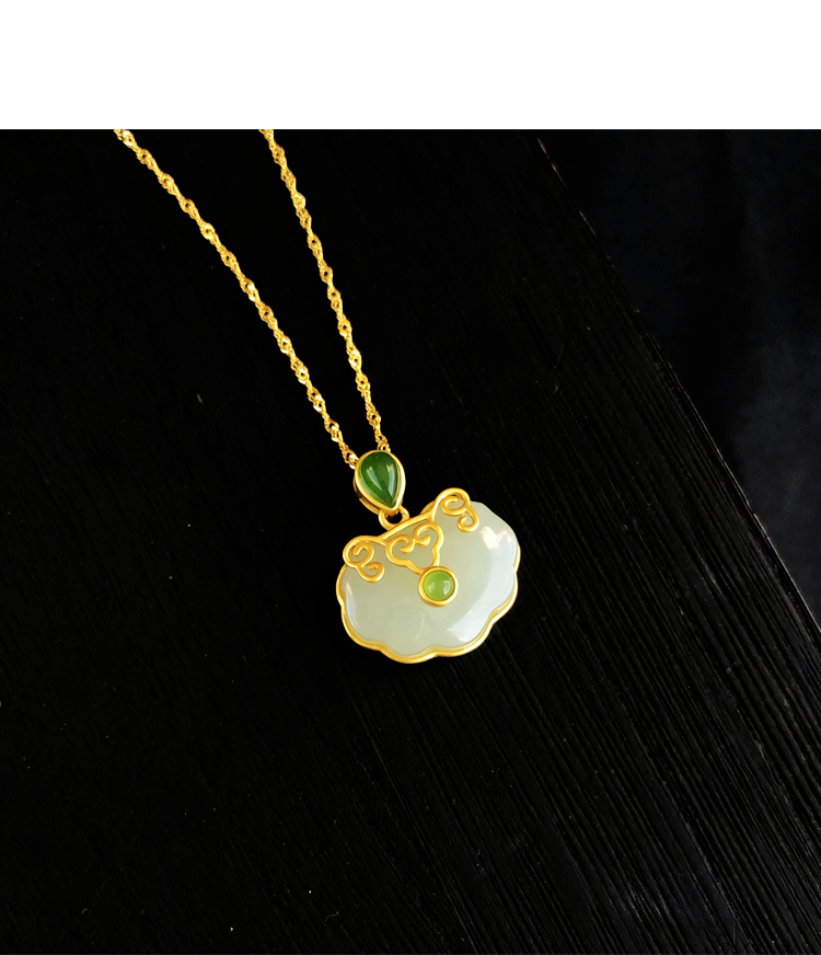 古珍和田玉如意吊坠平安锁项链女金镶玉石妈妈母亲节生日礼物送长辈