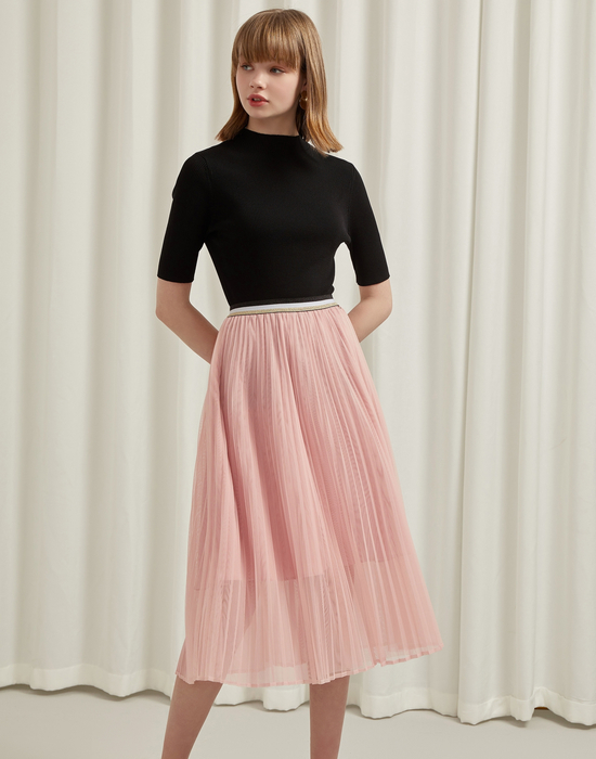 teenieweenie小熊夏季女装百褶裙半身裙高腰女a字裙淑女风中长裙 粉色