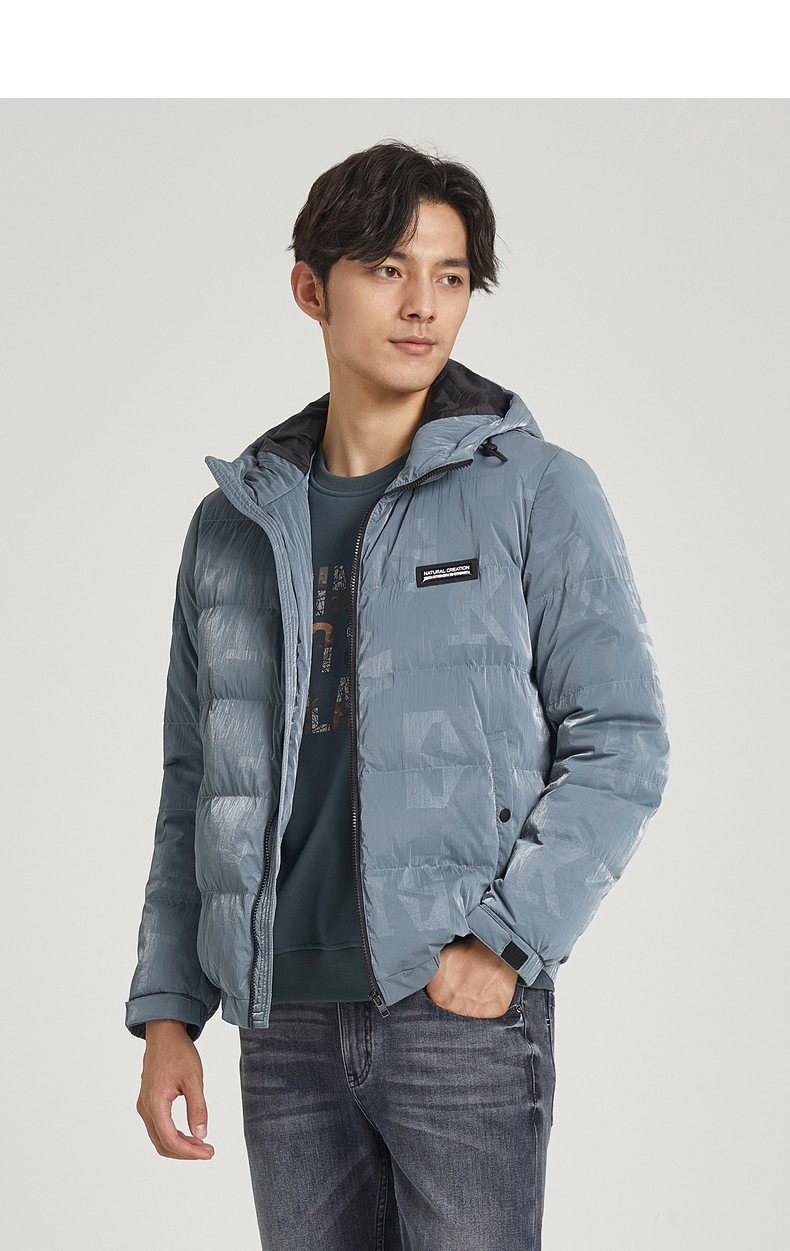 利郎轻薄羽绒服男短款连帽pu羽绒服2021冬季新款保暖冬装外套男 蓝灰