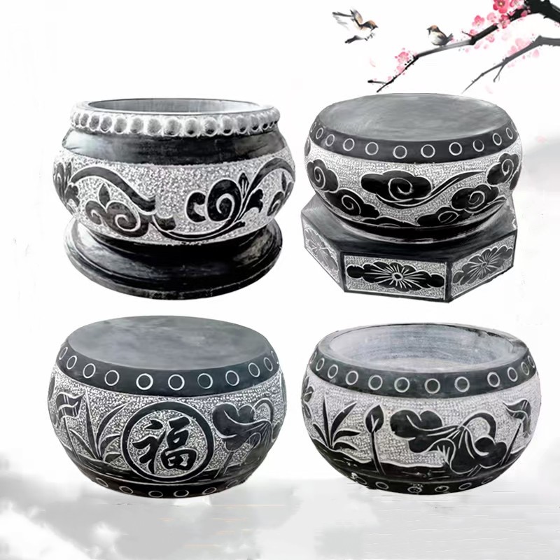 古建庭院柱基石圆形石柱墩洗浴石墩奥琅石苑实心雕画直径20鼓度28高20