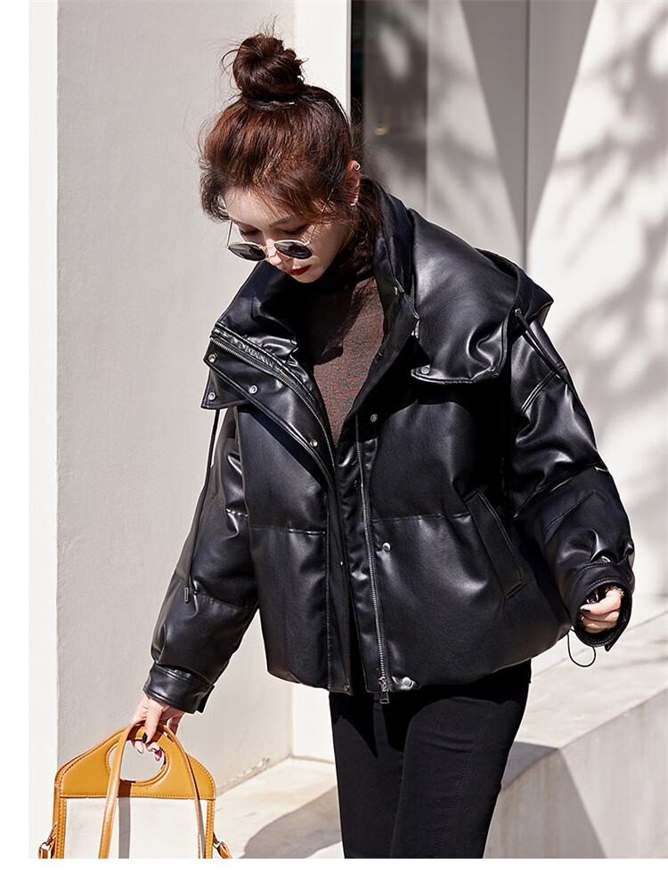皮面羽绒服女适合东北下雪天穿的pu皮女款短款年新款时尚加厚小个子