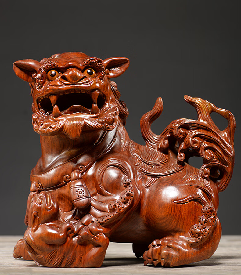 曹堂花梨木雕狮子摆件实木雕刻舞狮办公室家居客厅装饰红木工艺品