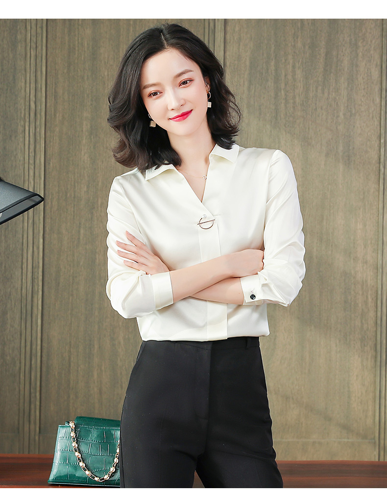 2020春装新款春季女装时尚职业装女士v领白色缎面桑蚕丝真丝衬衫女