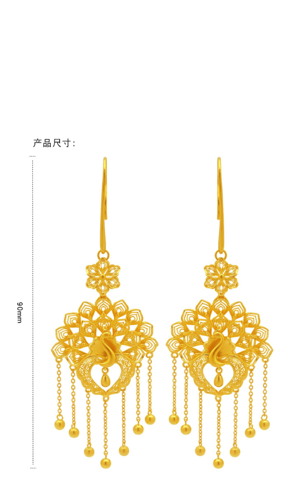 520礼物迎彩钻女足金999传承凤凰古法金耳环结婚送礼黄金耳饰挂钩sn