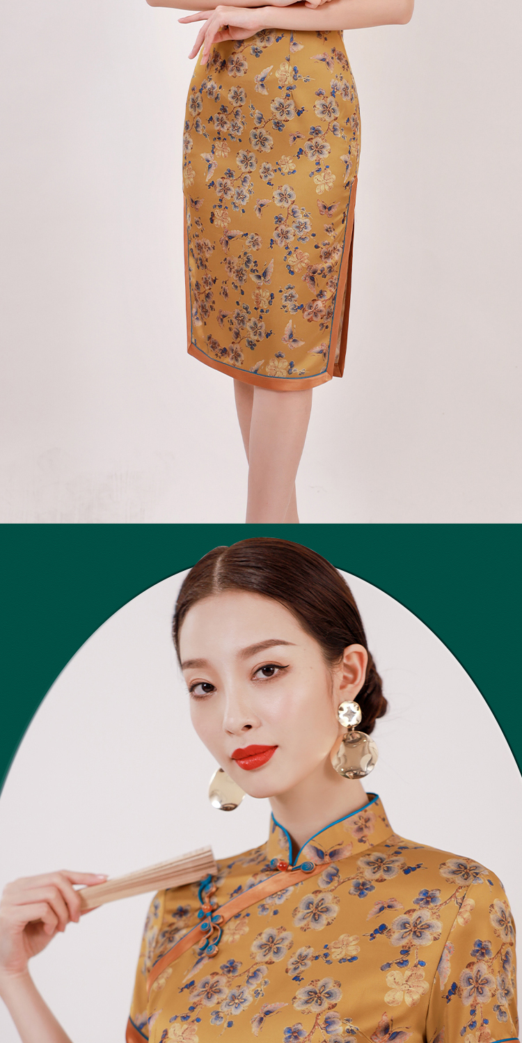 逸红颜旗袍2022年春季新款蝶满枝雪纺舒适透气修身显瘦复古优雅黄土色