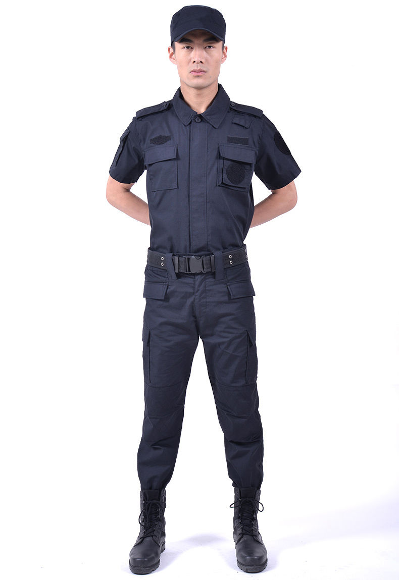 表兮网格夏季短袖藏蓝色保安服作训服长袖耐磨物业保安工作服套装男