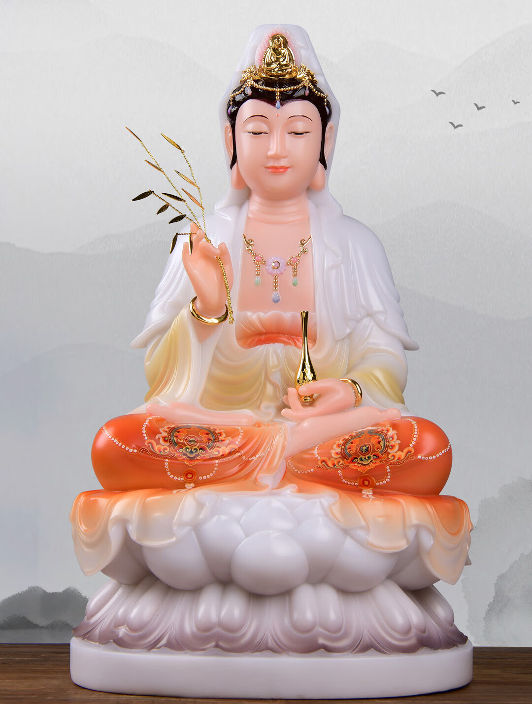 观音佛像供奉家用石雕娑婆三圣全堂佛汉白玉坐莲观世音菩萨摆件19寸
