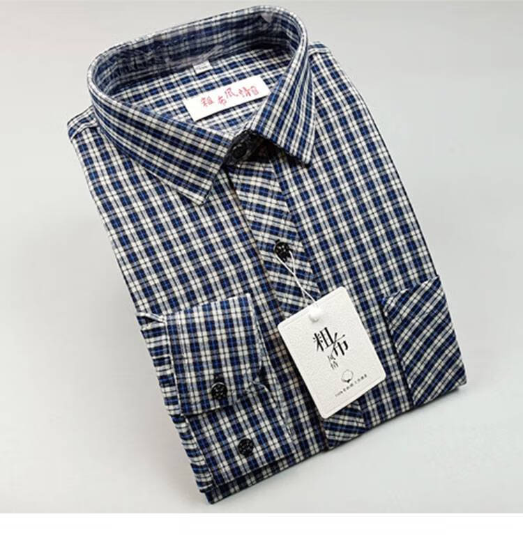 津谨岸 男士老粗布长袖衬衫春秋季粗布衬衣休闲宽松中年格子男爸爸装