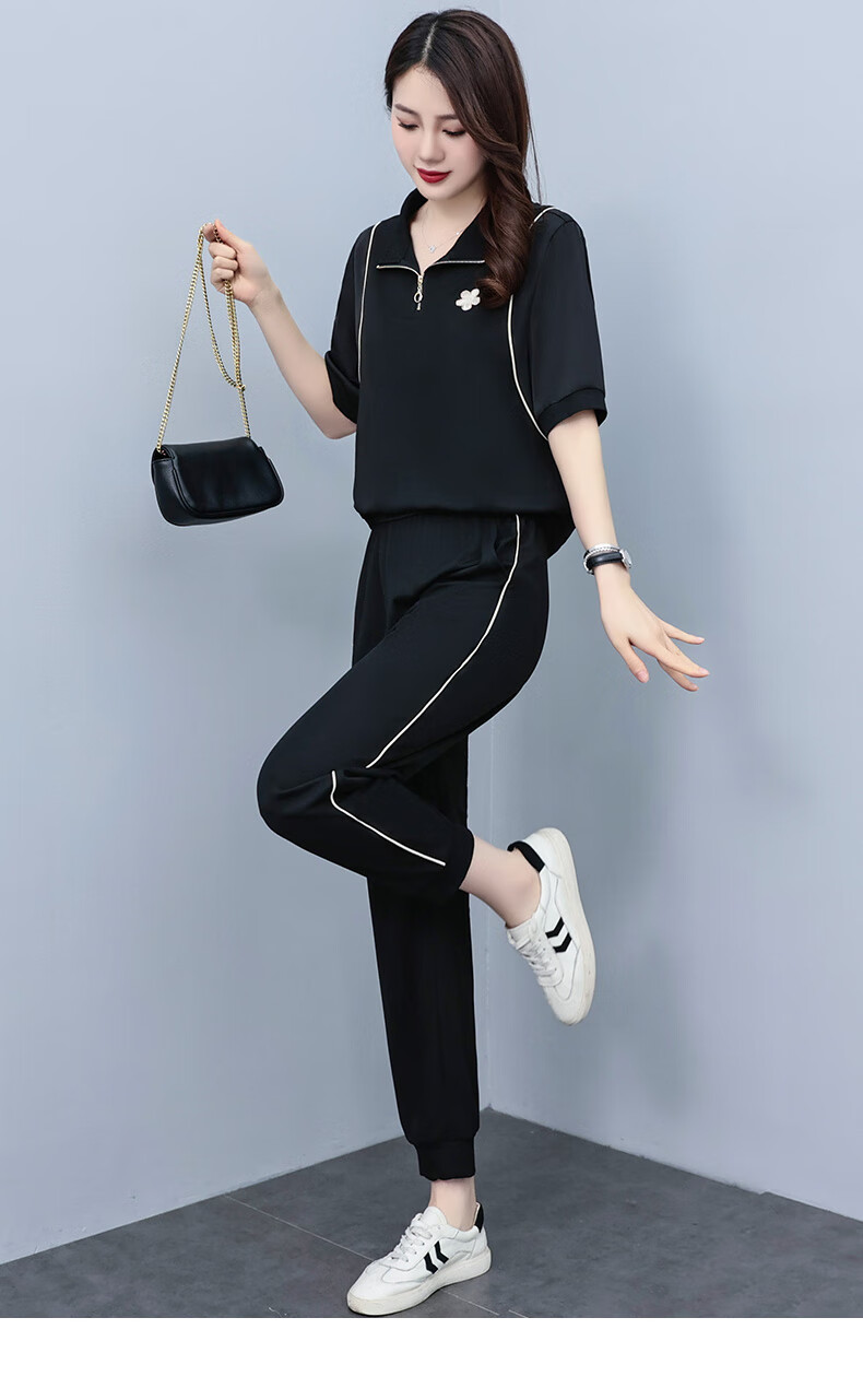 休闲运动套装女夏季2022年新款时尚醋酸连帽显瘦冰丝欧货两件套潮黑色