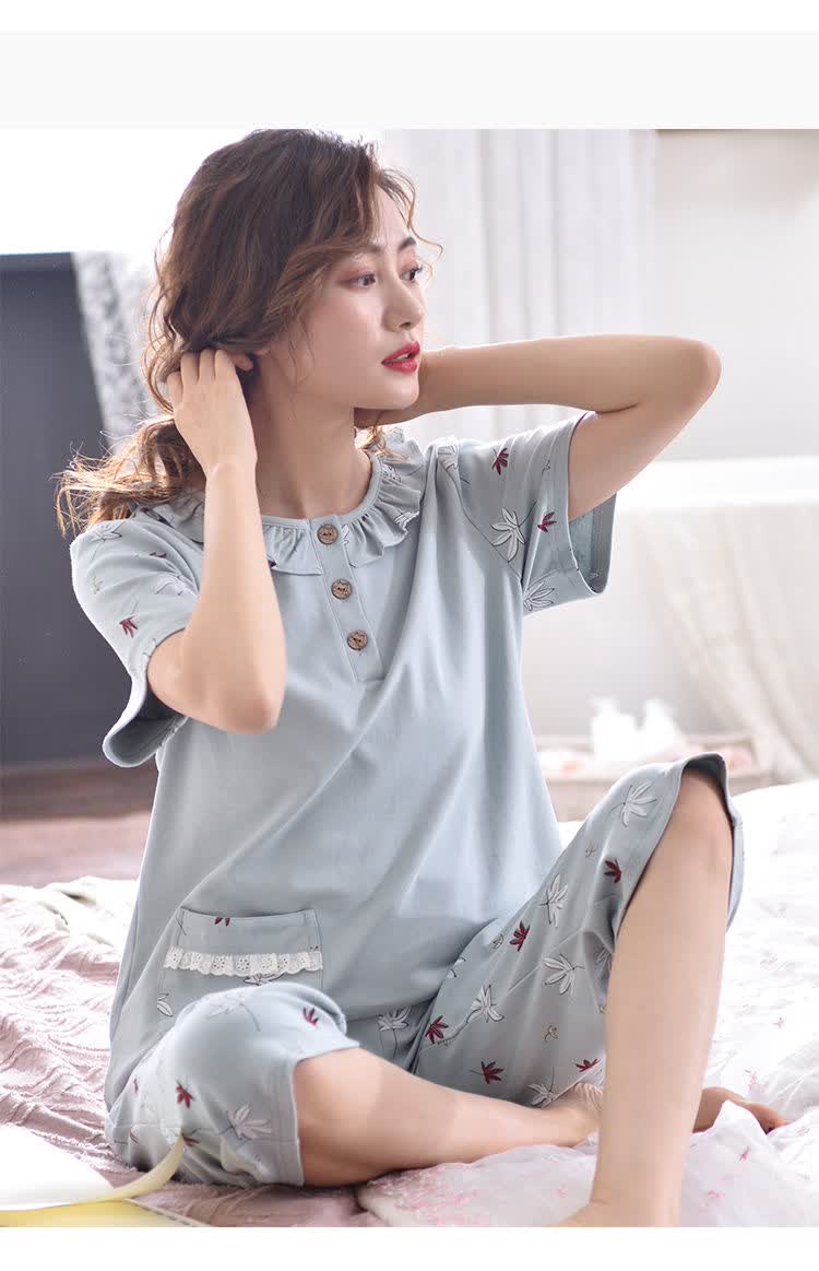 珂朵尔 睡衣女2020夏季新款时尚女士休闲圆领短袖睡衣舒适家居服套装