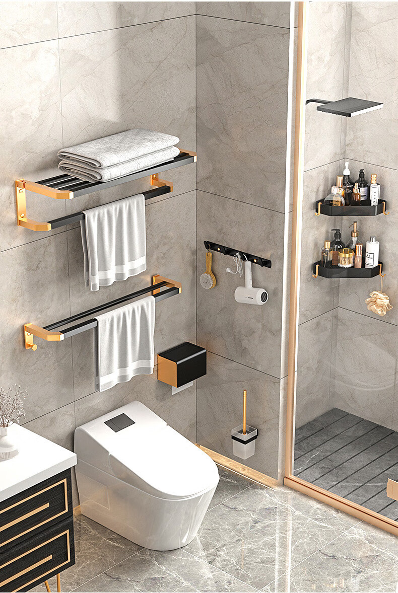 卡贝毛巾架卫生间置物架贝黑金免打孔厕所太空铝浴巾架浴室轻奢风单品