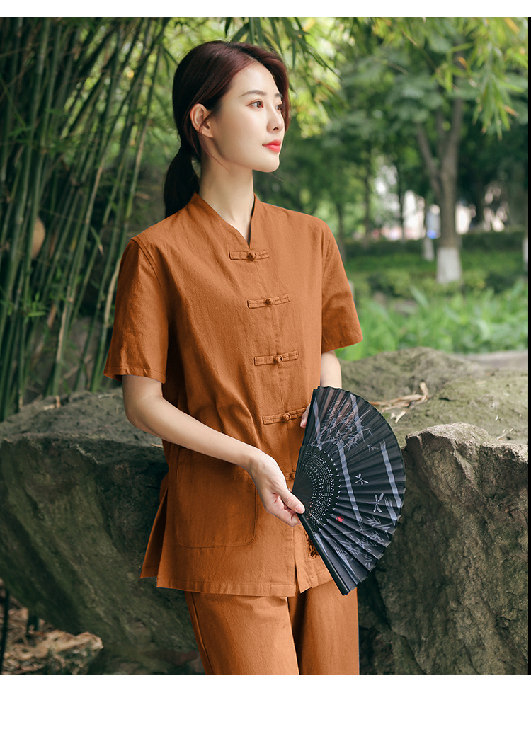 女居士服夏季棉麻短袖上衣中式唐装禅修打坐冥想服 女酒红色短袖03款