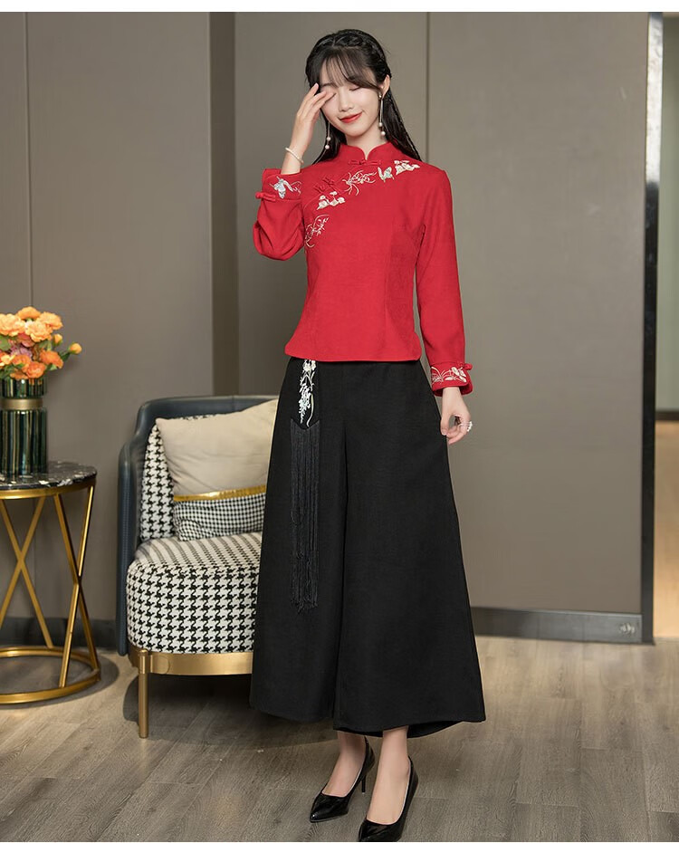 茶艺师服装女装秋装秋冬季中国风唐装汉服女款民国风套装工作服 蓝色