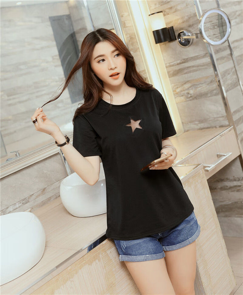 学生半截袖夏季新款短袖印花网纱中袖t恤韩范五分半袖女上衣 9009白色