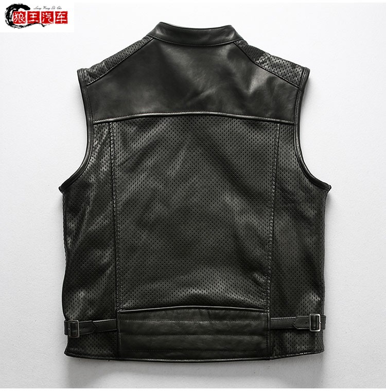 哈雷机车真皮马甲男头层牛皮薄款网眼打孔透气立领休闲真皮背心男外套