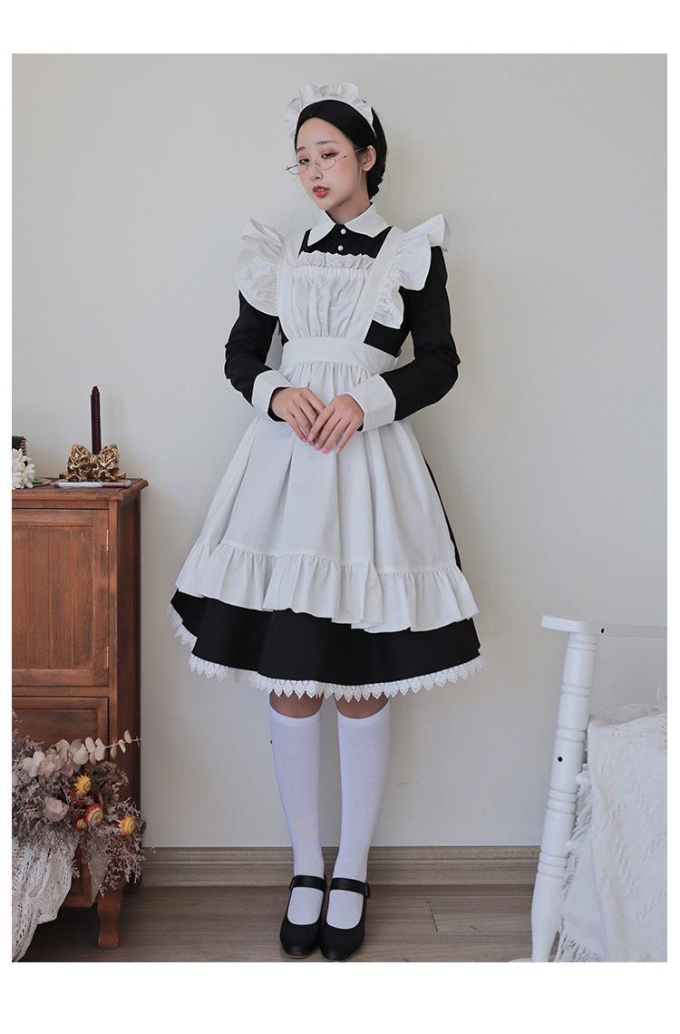 日系长袖cosplay服可爱洛丽塔制服日常套装传统女佣女仆装 黑色女仆