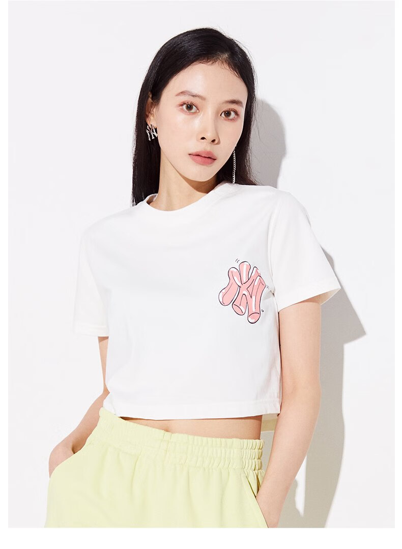 mlb潮牌 夏季新ny涂鸦like印花短款露肚脐短袖t恤百搭显瘦女半袖 白色