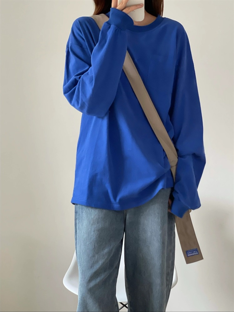 因蓝长袖t恤女春秋2021新款宽松学生休闲风外穿内搭打底衫上衣蓝色m