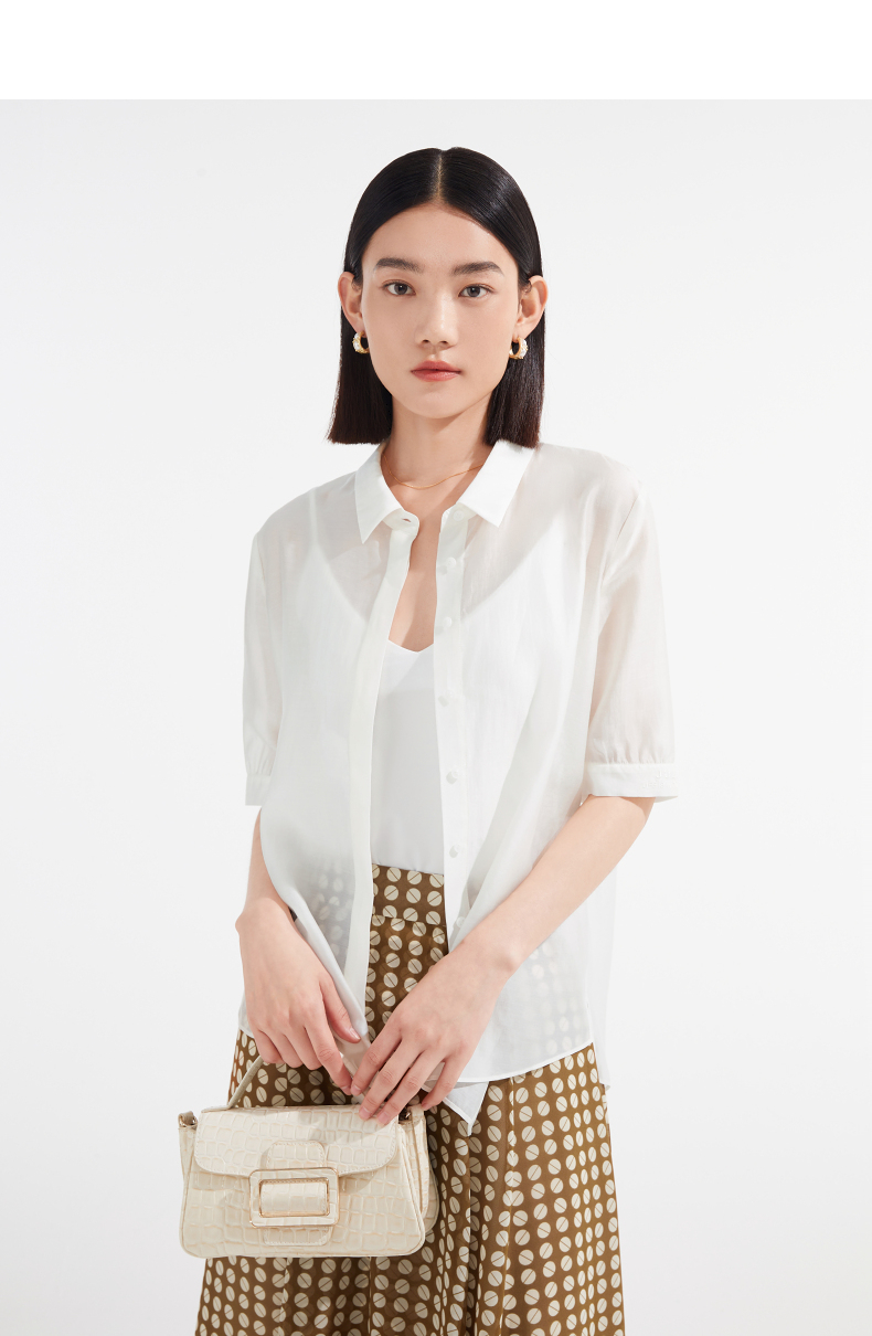 jz玖姿光泽感轻透小衫女装2022夏季新款简约字母绣花设计感衬衫本白l