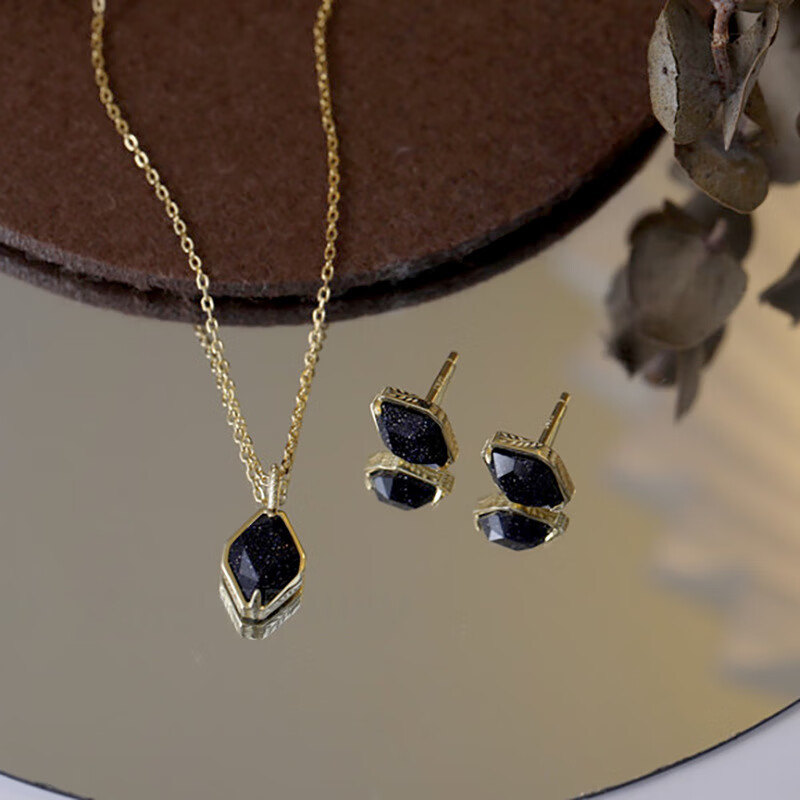 s925银镀金 紫金石 夜星空 梯形 项链 吊坠 耳钉 套装 紫金石项 