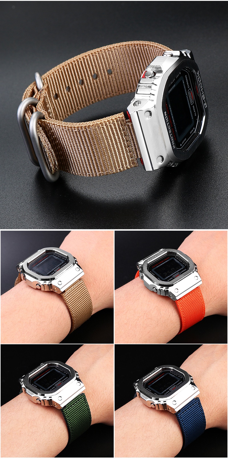 适配卡西欧改装帆布尼龙手表带dw5600gwb5600gwm5610凸口表链橙色钢扣