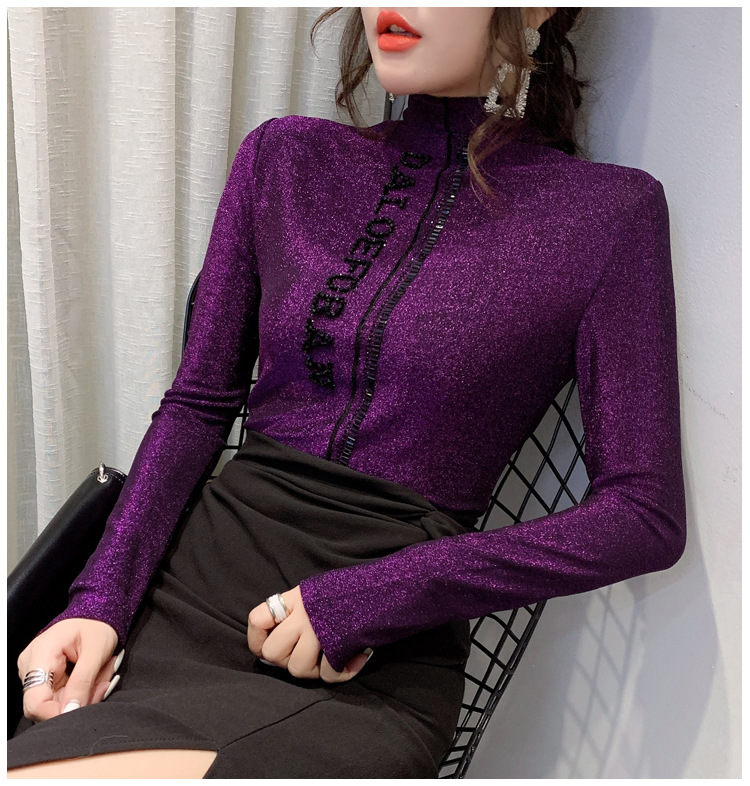 特馨慧雪打底衫t恤女深紫色烫钻上衣欧版冬衣高领打底衫字母镶钻修身