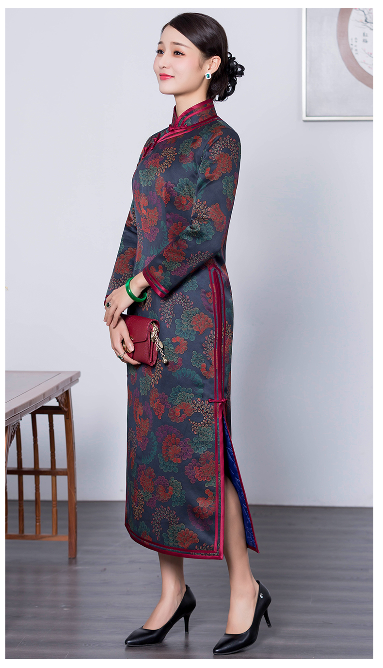 华族经典真丝香云纱秋冬季旗袍女加厚保暖复古中长款妈妈褀袍长袖