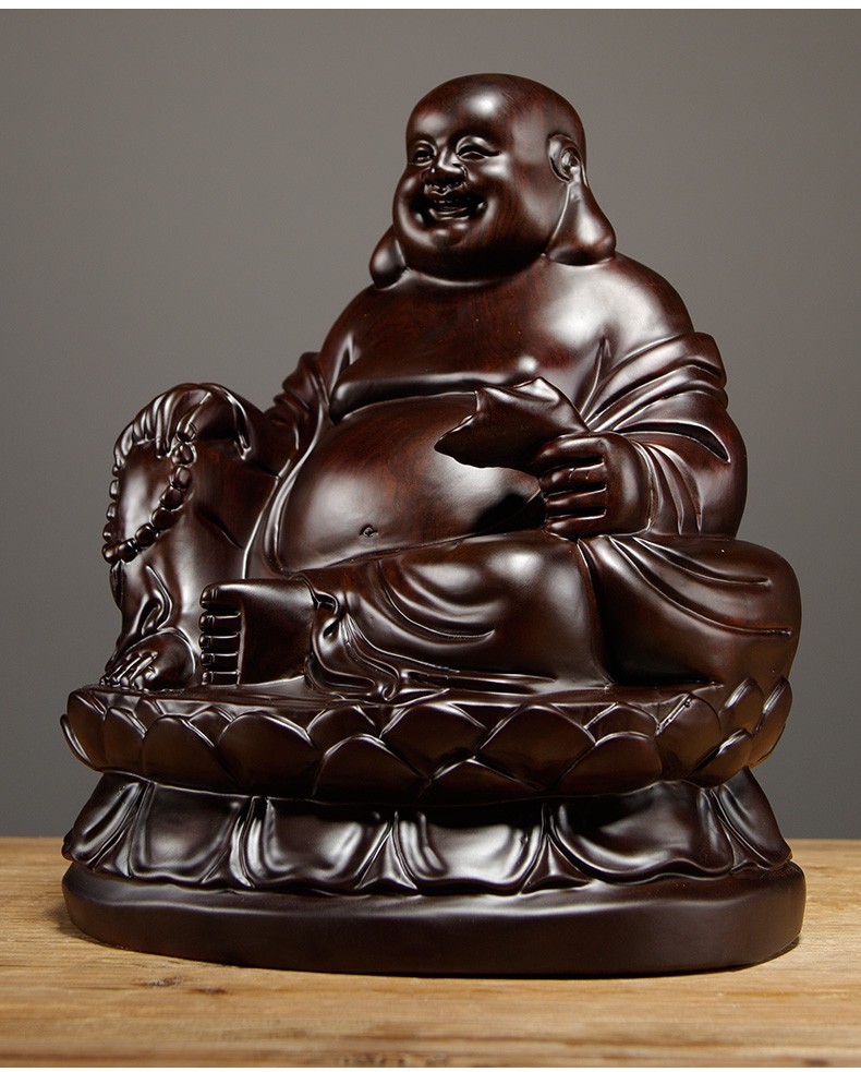 浣彩黑檀木雕弥勒佛像摆件元宝坐莲笑佛实木雕刻家居红木工艺品送礼品